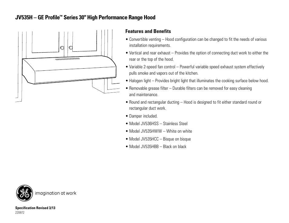 Jv535h – ge profile, Series 30" high performance range hood | GE JV535HWW User Manual | Page 2 / 2