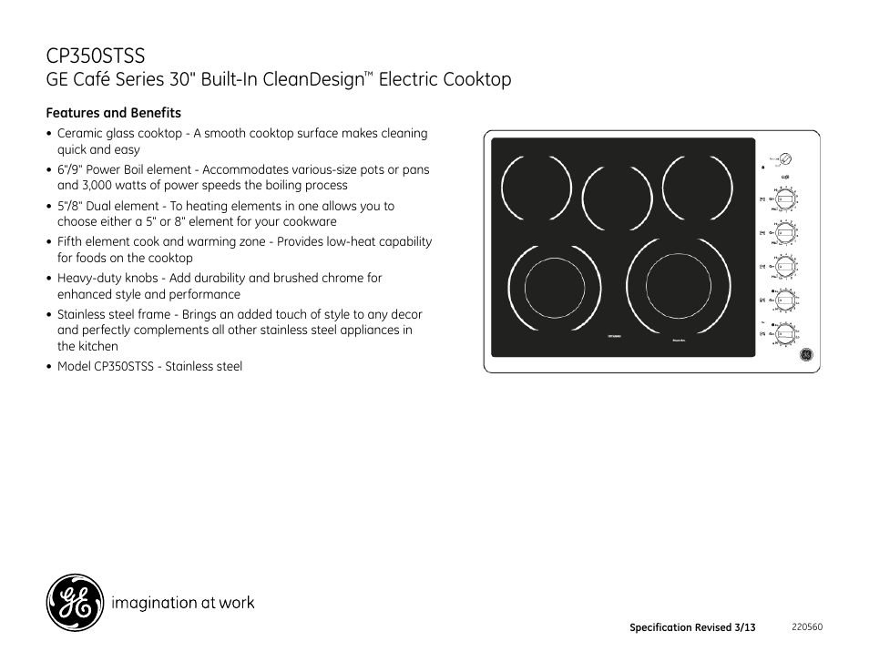 Cp350stss, Ge café series 30" built-in cleandesign, Electric cooktop | GE CP350STSS User Manual | Page 2 / 2