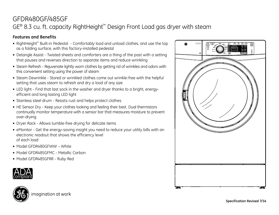 3 cu. ft. capacity rightheight, Design front load gas dryer with steam | GE GFDR485GFMC User Manual | Page 4 / 4