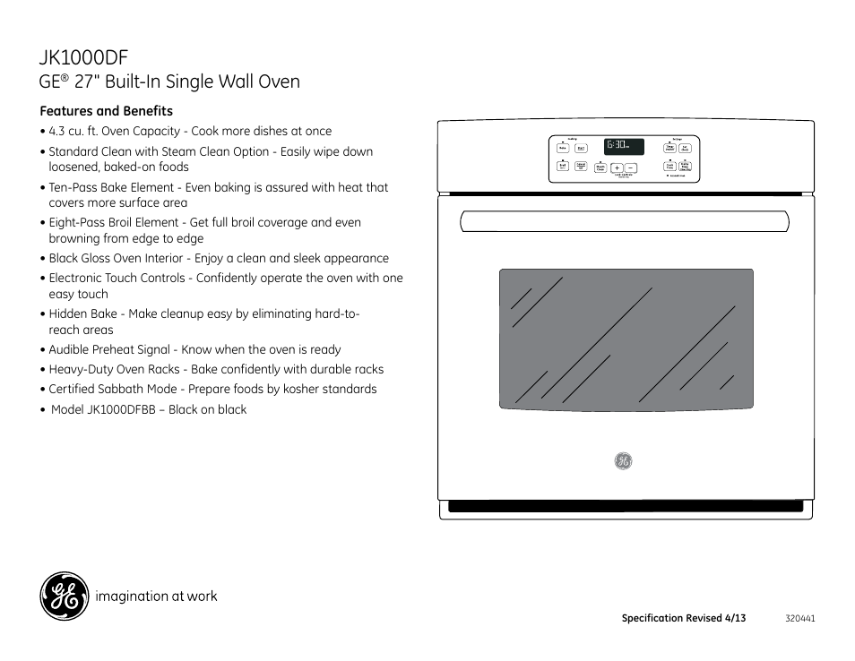 Jk1000dfbb, Jk1000df, 27" built-in single wall oven | GE JK1000DFBB User Manual | Page 2 / 2