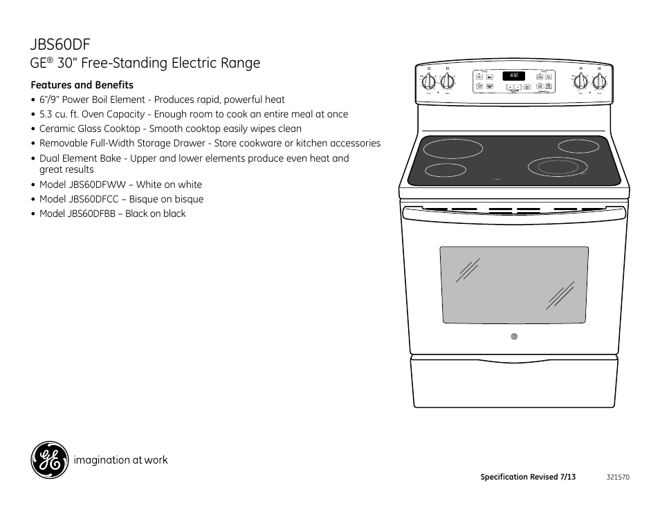 Jbs60df, 30" free-standing electric range | GE JBS60DFWW User Manual | Page 2 / 2
