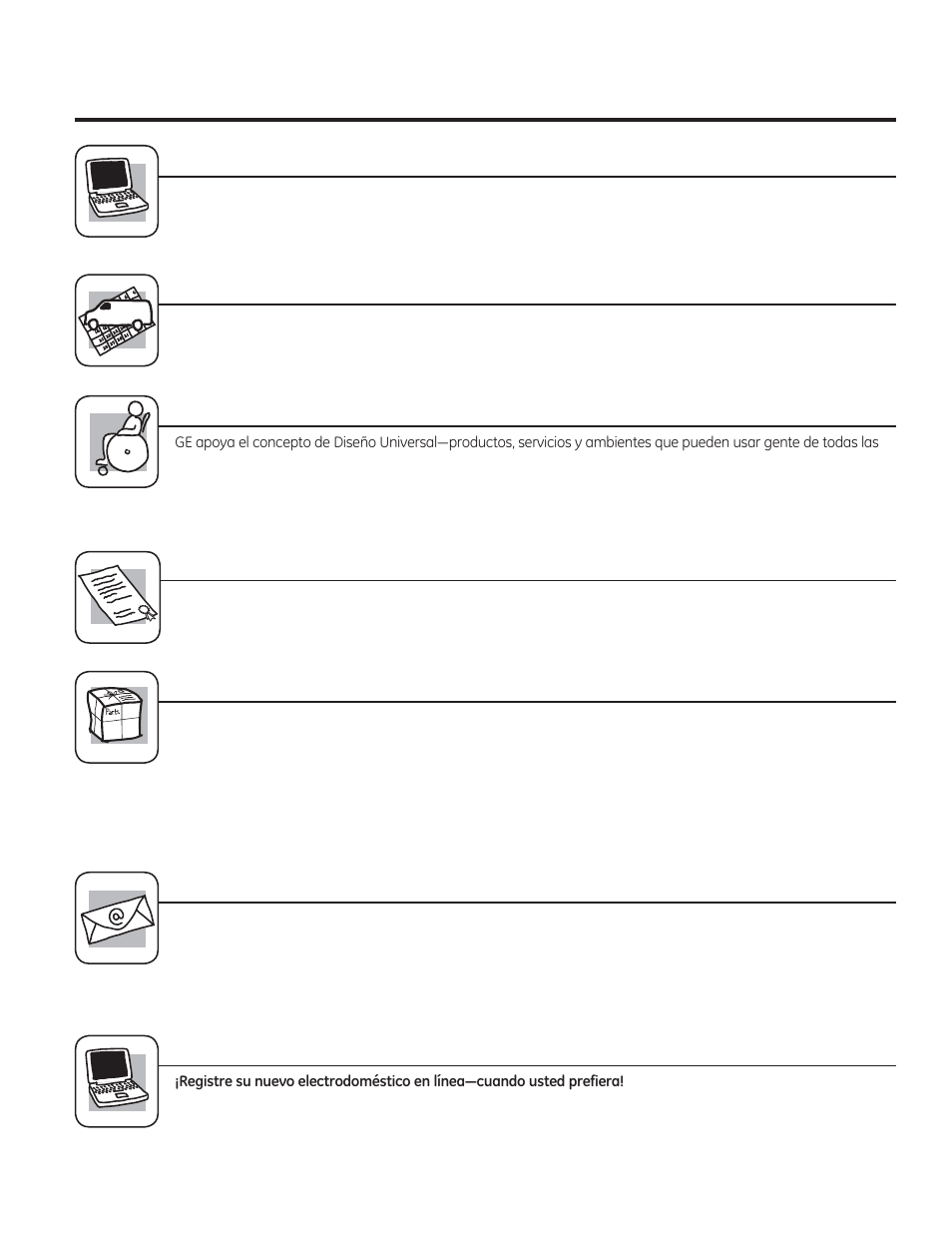 Soporte al consumidor. página web de ge appliances, Solicite una reparación, Garantías ampliadas | Piezas y accesorios, Póngase en contacto con nosotros, Registre su electrodoméstico | GE PT970DRWW User Manual | Page 100 / 100