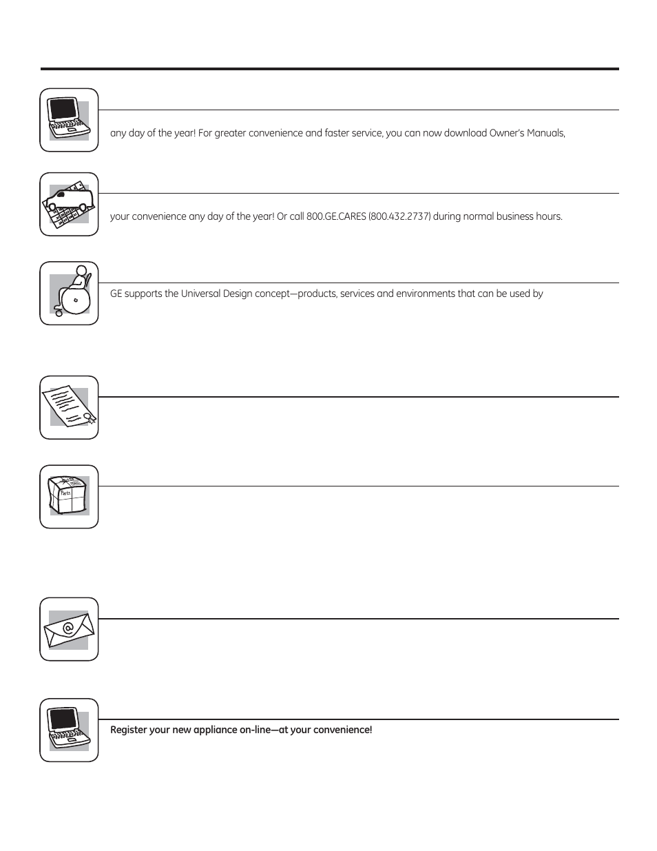 Register your appliance, Consumer support. ge appliances website, Schedule service | Real life design studio, Extended warranties, Parts and accessories, Contact us | GE PT970DRWW User Manual | Page 51 / 100