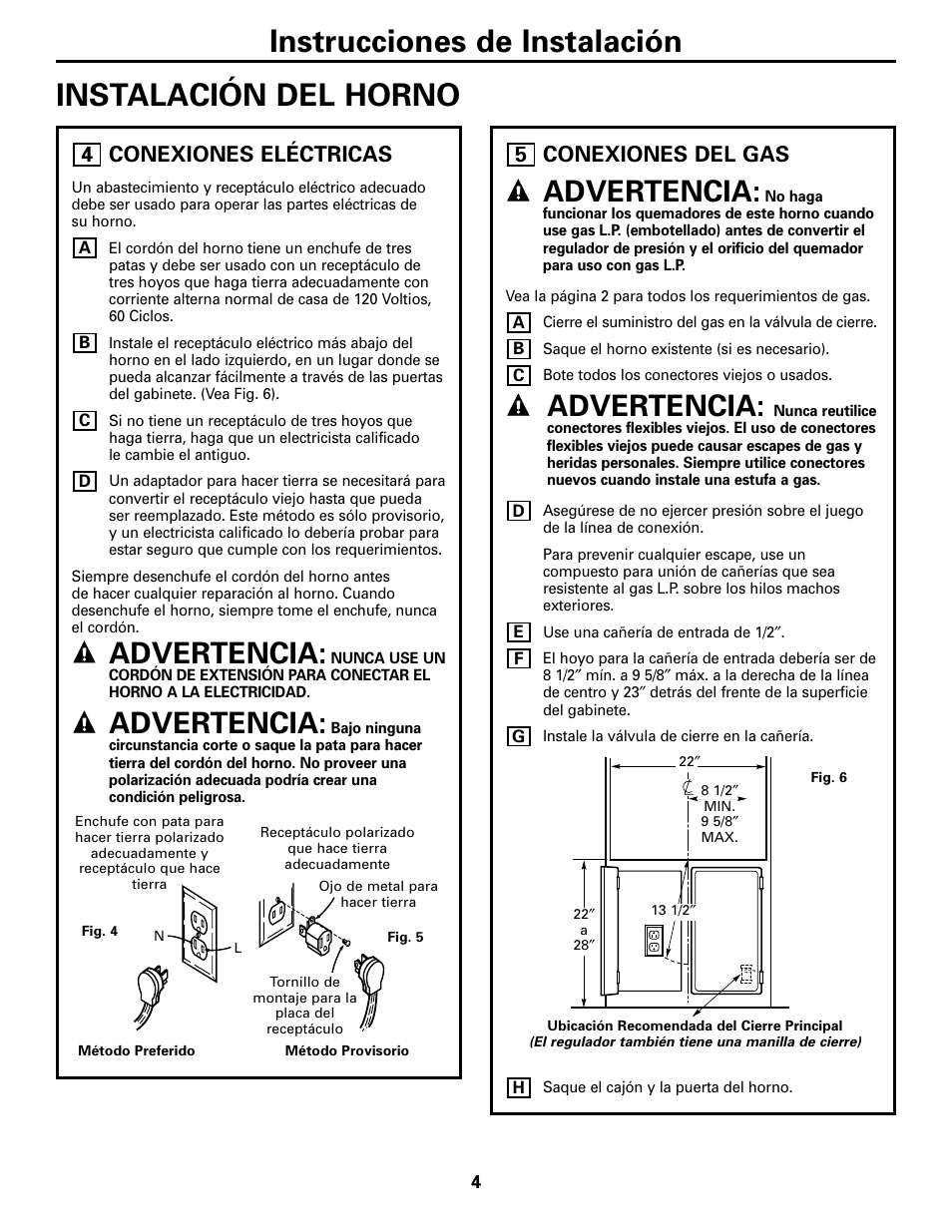 Instalación del horno, Conexiones eléctricas, Conexiones del gas | Instrucciones de instalación instalación del horno, Advertencia, 5conexiones eléctricas | GE JGRS06BEJBB User Manual | Page 12 / 16