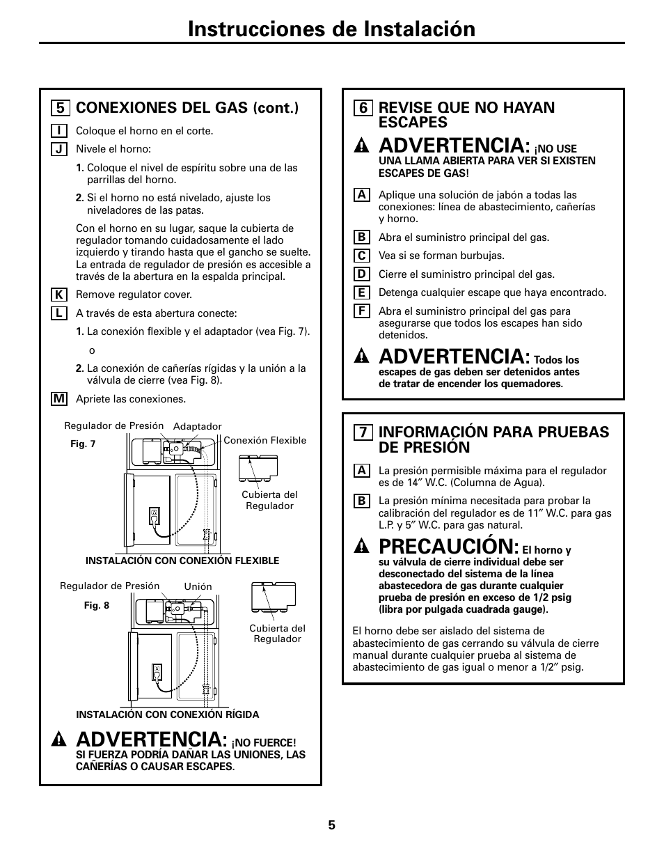 Revise que no hayan escapes, Información para pruebas de presión, Instrucciones de instalación | Advertencia, Precaución, Conexiones del gas (cont.), 5revise que no hayan escapes | GE JGRS06BEJBB User Manual | Page 13 / 16