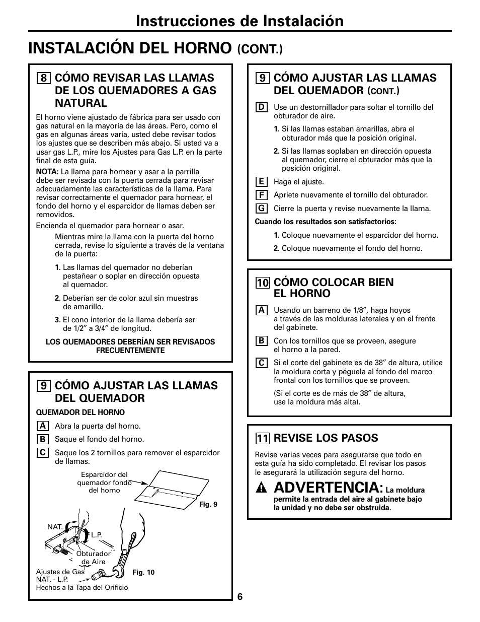 Cómo ajustar las llamas del quemador, Cómo colocar bien el horno, Revise los pasos | Instrucciones de instalación instalación del horno, Advertencia, Cont.), 9cómo ajustar las llamas del quemador, 8cómo colocar bien el horno, 10 revise los pasos | GE JGRS06BEJBB User Manual | Page 14 / 16