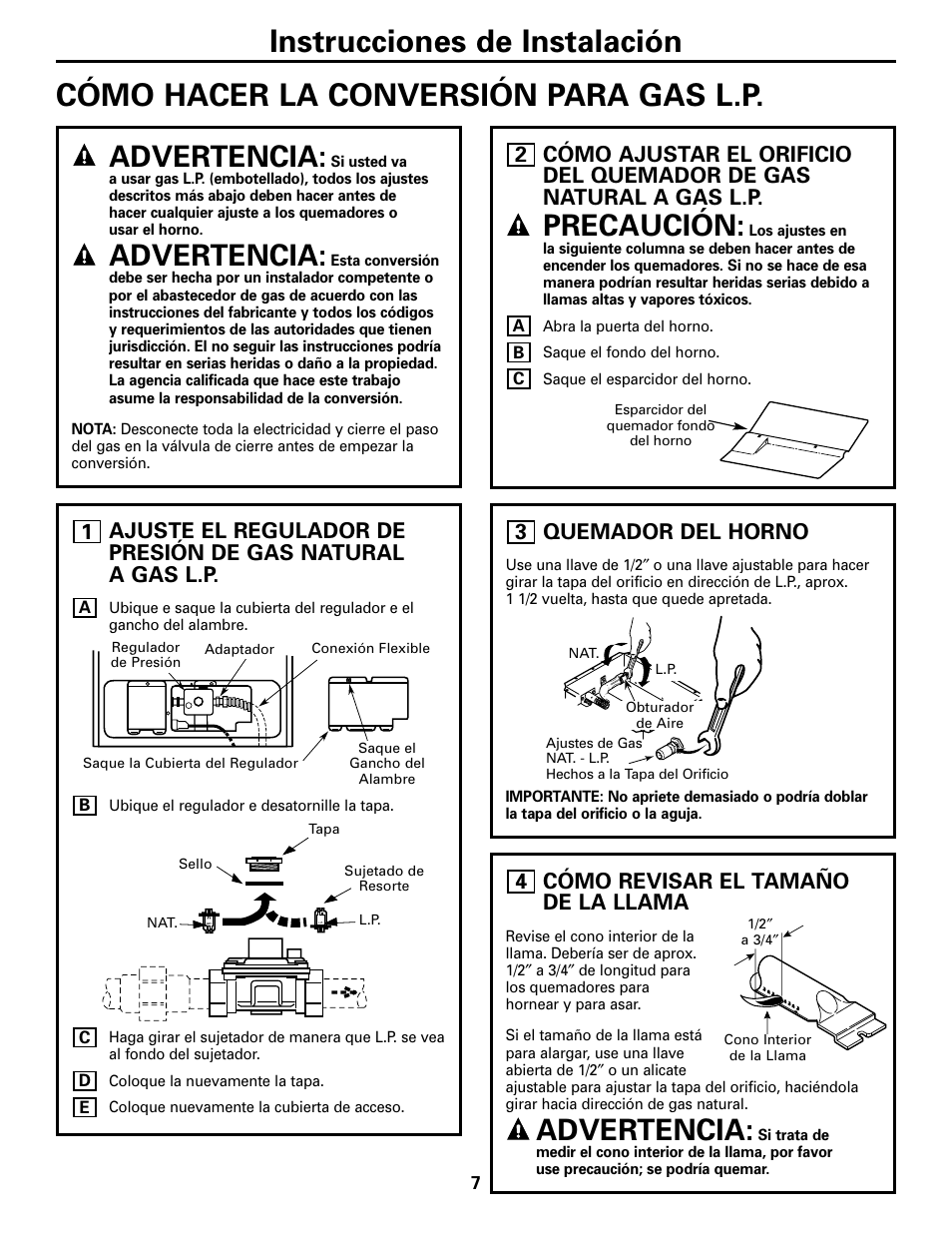 Cómo hacer la conversión para gas l.p, Ajuste el regulador de presión, Cómo ajustar el orificio del quemador | Quemador del horno, Cómo revisar el tamaño del la llama, Advertencia, Precaución, Cómo revisar el tamaño de la llama, 2quemador del horno | GE JGRS06BEJBB User Manual | Page 15 / 16