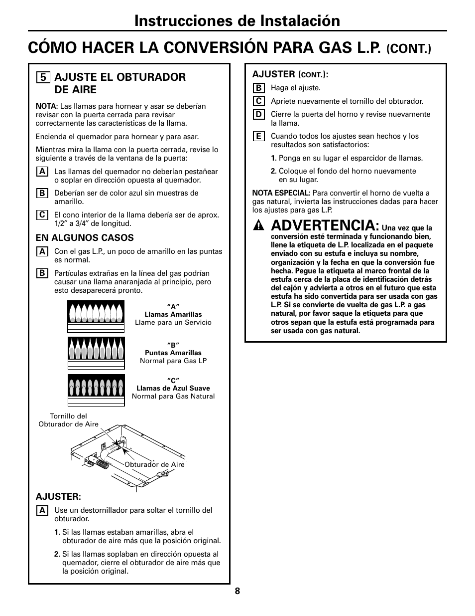 Ajuste el obturador de aire, Advertencia, Cont.) | GE JGRS06BEJBB User Manual | Page 16 / 16