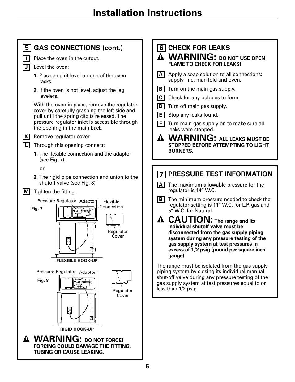 Check for leaks, Pressure test information, Installation instructions | Warning, Caution | GE JGRS06BEJBB User Manual | Page 5 / 16