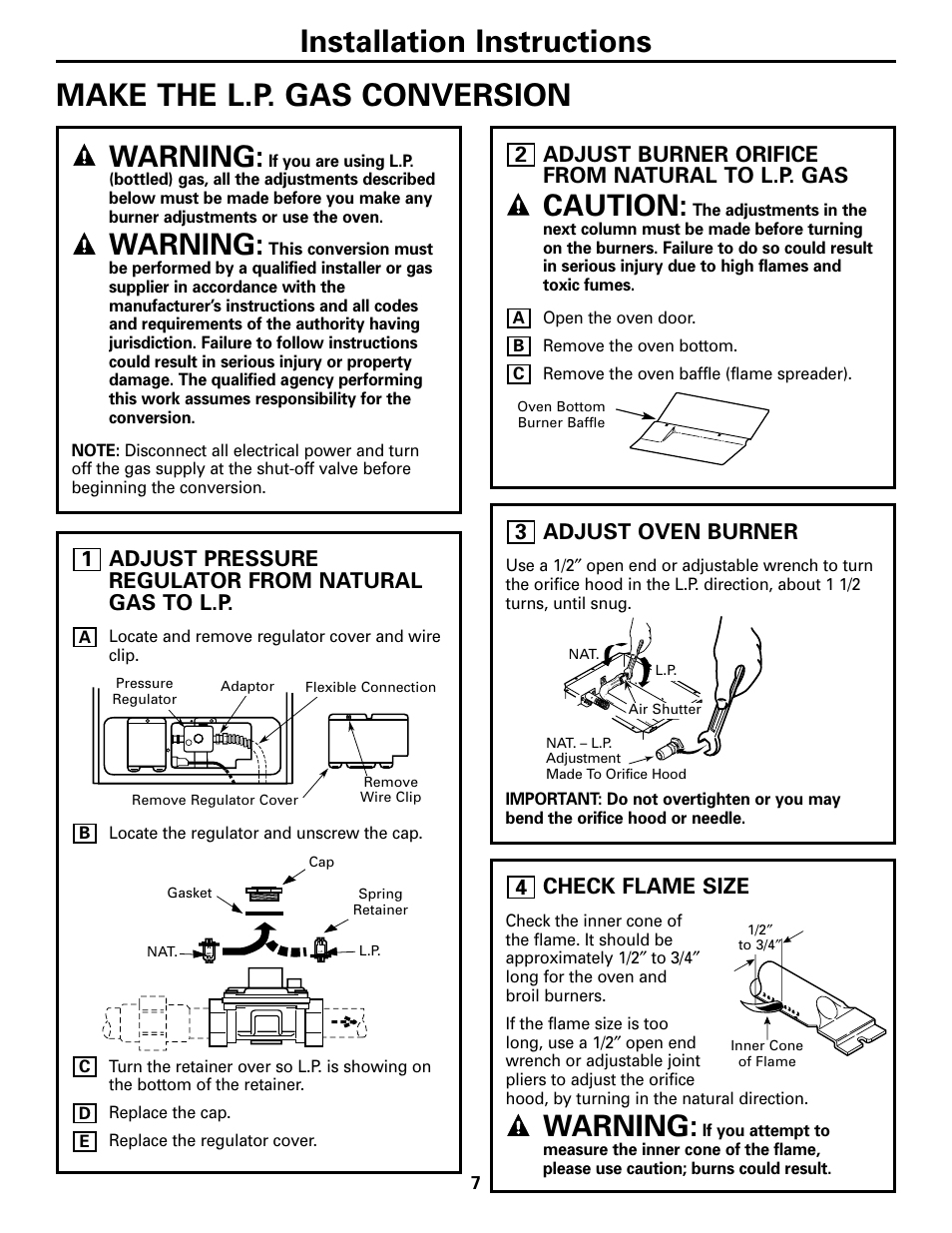 Make the l.p. gas conversion, Adjust pressure regulator, Adjust burner orifice | Adjust oven burner, Check flame size, Warning, Caution, Adjust pressure regulator from natural gas to l.p, Adjust burner orifice from natural to l.p. gas, 2adjust oven burner | GE JGRS06BEJBB User Manual | Page 7 / 16