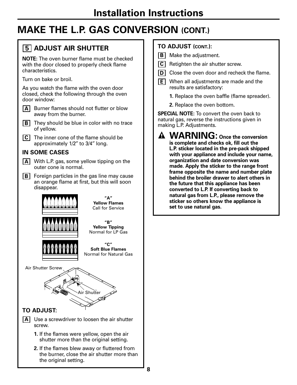 Adjust air shutter, Warning, Cont.) | GE JGRS06BEJBB User Manual | Page 8 / 16