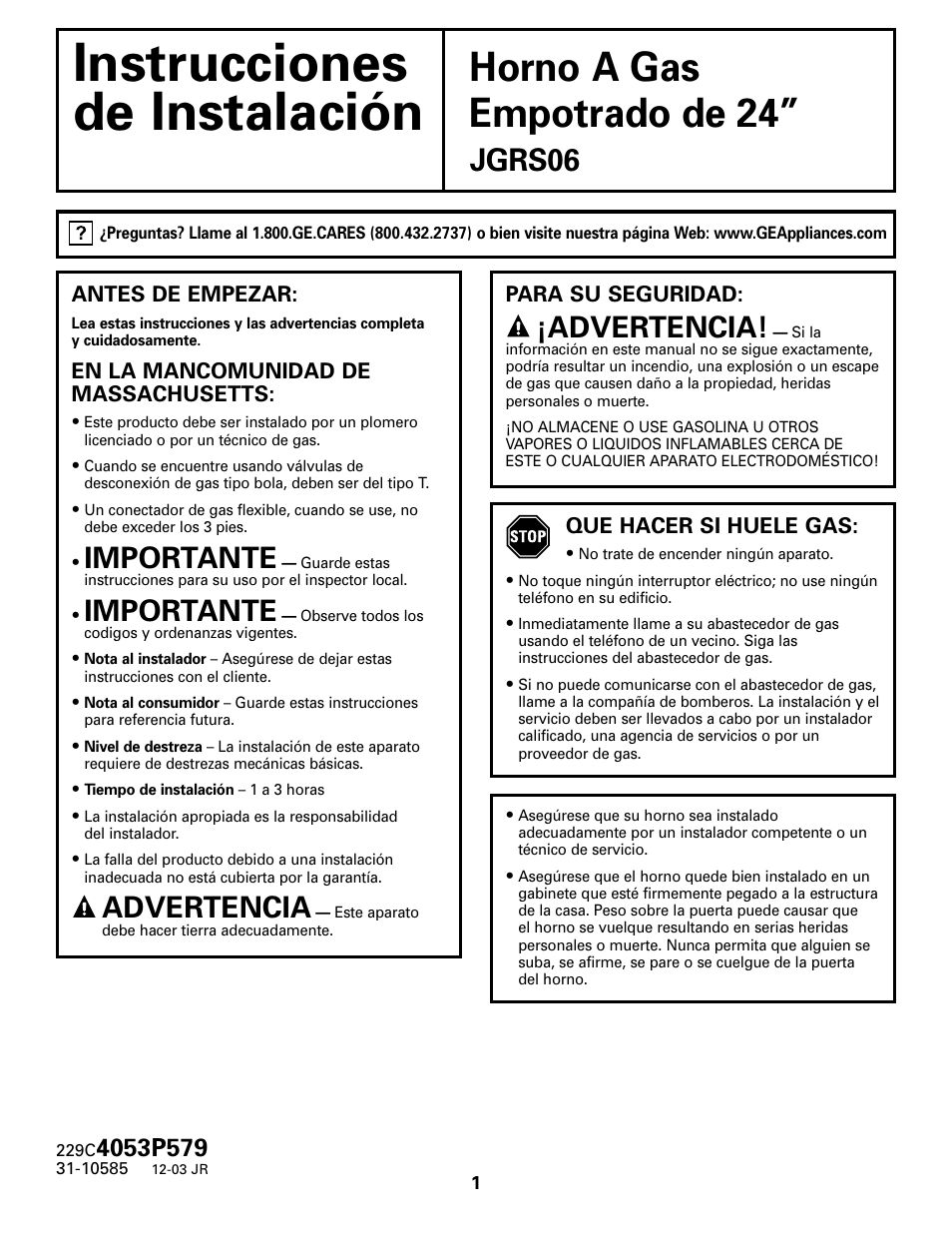 Spanish, Antes de empezar, Instrucciones | De instalación, Horno a gas, Empotrado de 24, Jgrs06, Importante, Advertencia | GE JGRS06BEJBB User Manual | Page 9 / 16