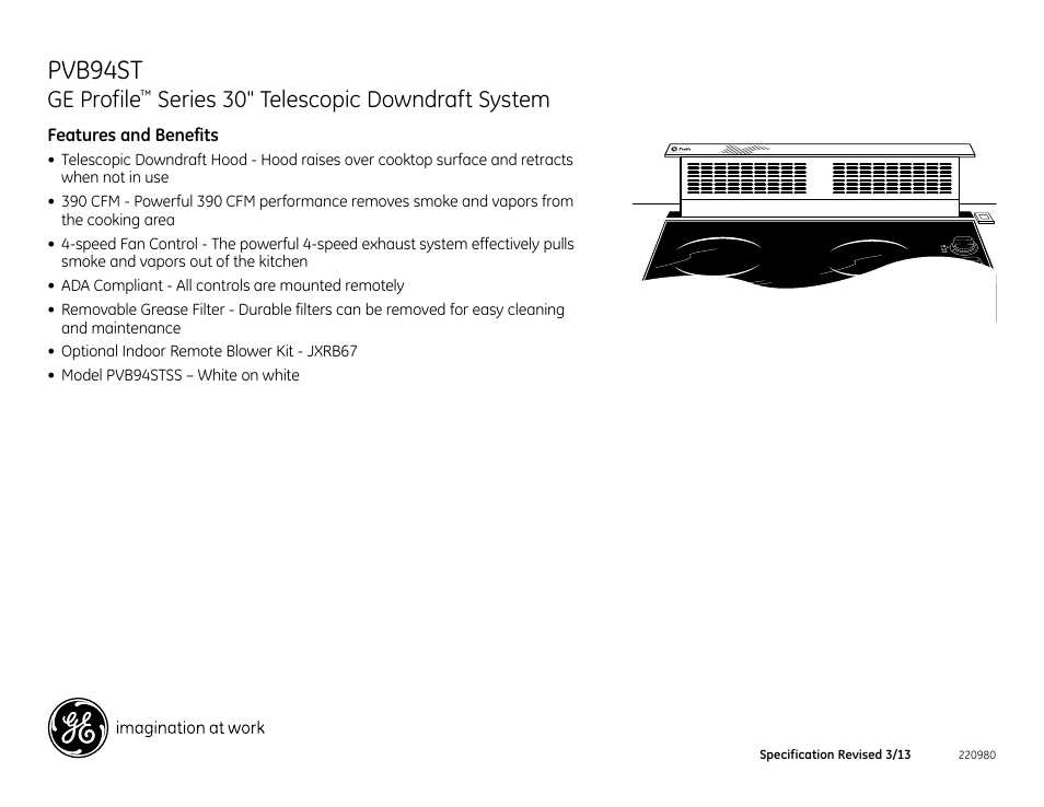 Pvb94st, Ge profile, Series 30" telescopic downdraft system | Pvb94stss, Features and benefits | GE PVB94STSS User Manual | Page 3 / 3