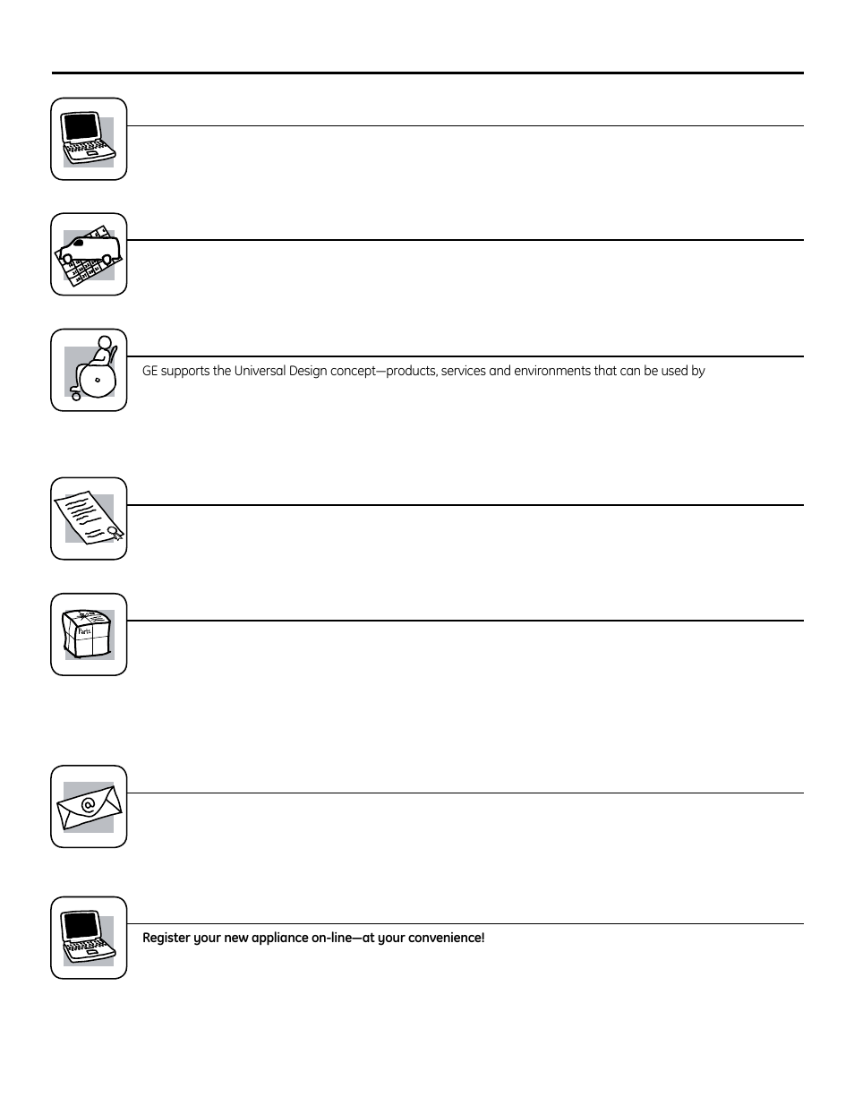 Consumer support. ge appliances website, Schedule service, Real life design studio | Extended warranties, Parts and accessories, Contact us, Register your appliance | GE DSKS333ECWW User Manual | Page 16 / 16