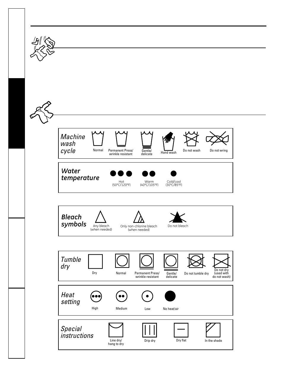 Sorting and loading hints, Loading and using the dryer, Fabric care labels | Machine wash cycle, Water temperature, Tumble dry, Heat setting, Special instructions, Bleach symbols | GE DSKS333ECWW User Manual | Page 8 / 16