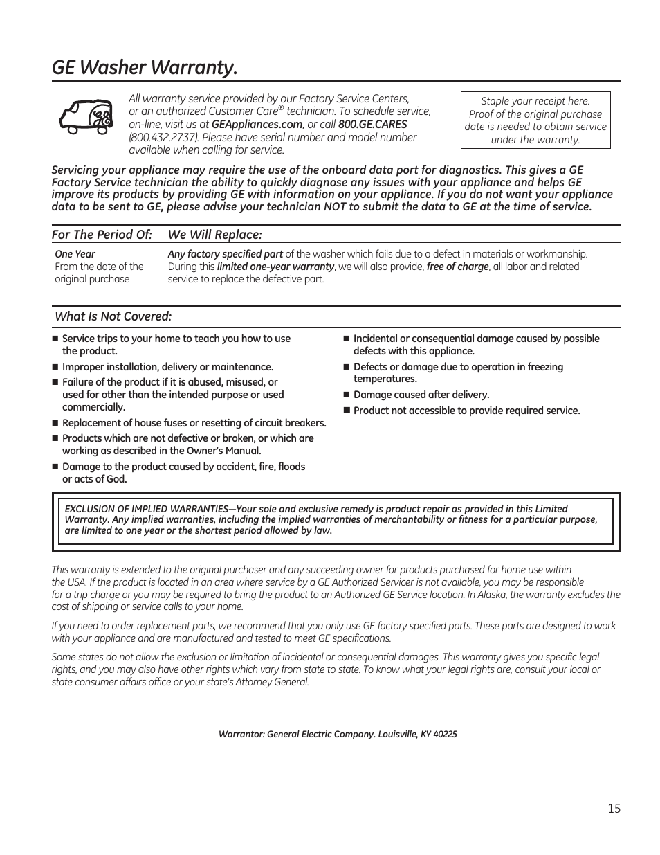 Ge washer warranty | GE GTWS8355HMC User Manual | Page 15 / 32