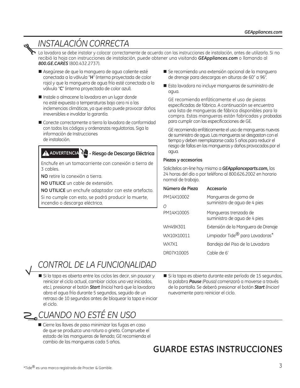 Instalación correcta, Cuando no esté en uso, Guarde estas instrucciones | Control de la funcionalidad | GE GTWS8355HMC User Manual | Page 19 / 32