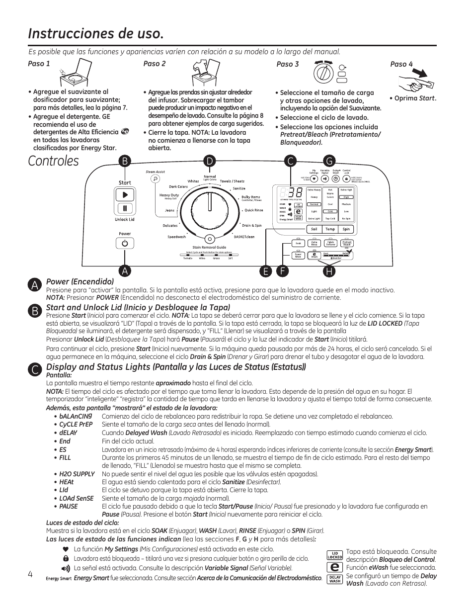 Instrucciones de uso. controles | GE GTWS8355HMC User Manual | Page 20 / 32