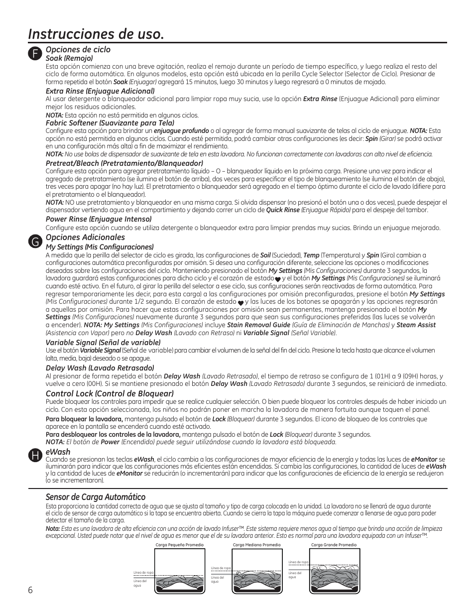 Instrucciones de uso, Fg h, Sensor de carga automático | GE GTWS8355HMC User Manual | Page 22 / 32