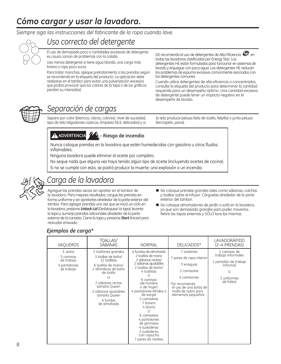 Uso correcto del detergente, Separación de cargas, 8ejemplos de carga | GE GTWS8355HMC User Manual | Page 24 / 32