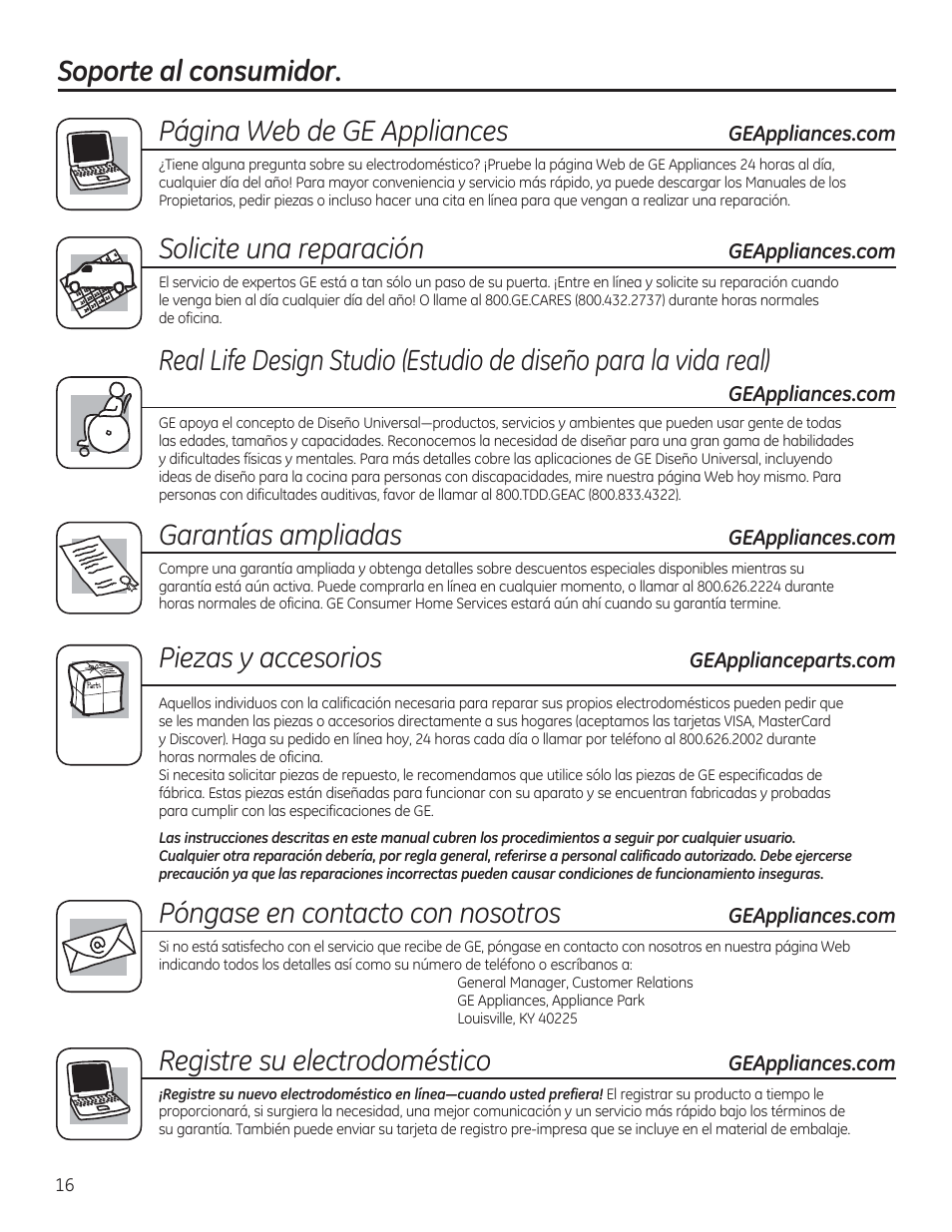 Página web de ge appliances, Solicite una reparación, Garantías ampliadas | Piezas y accesorios, Póngase en contacto con nosotros, Registre su electrodoméstico | GE GTWS8355HMC User Manual | Page 32 / 32