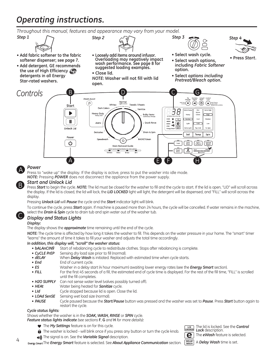 Operating instructions. controls | GE GTWS8355HMC User Manual | Page 4 / 32