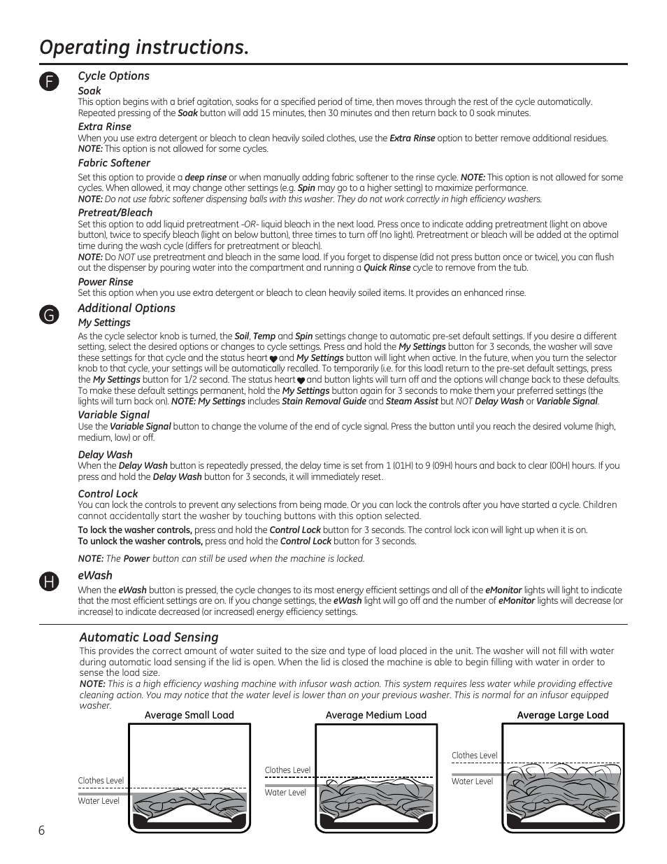 Operating instructions, Fg h | GE GTWS8355HMC User Manual | Page 6 / 32