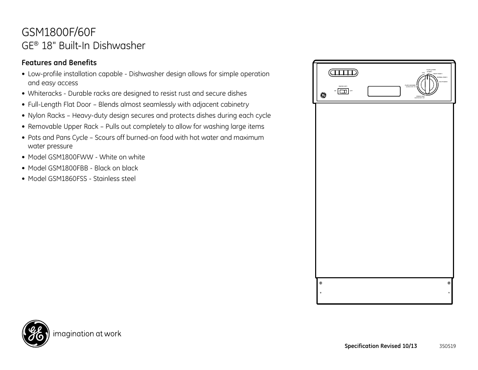 18" built-in dishwasher, Features and benefits | GE GSM1800FWW User Manual | Page 2 / 2