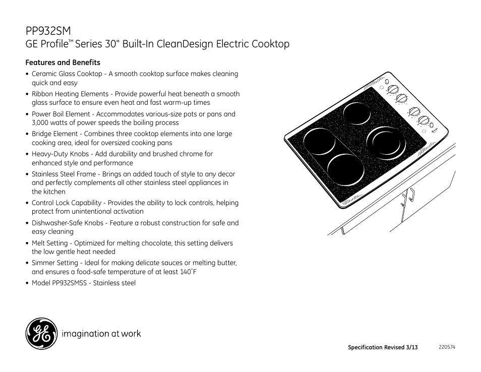 Pp932sm, Ge profile, Series 30" built-in cleandesign electric cooktop | GE PP932SMSS User Manual | Page 2 / 2
