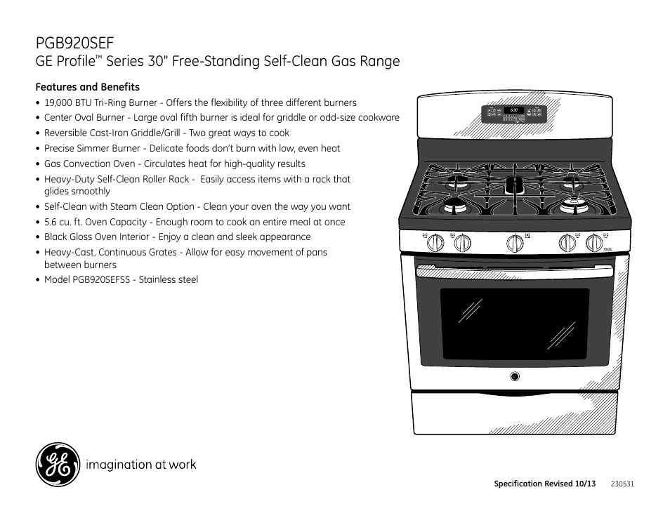 Pgb920sef, Ge profile, Series 30" free-standing self-clean gas range | GE PGB920SEFSS User Manual | Page 2 / 2