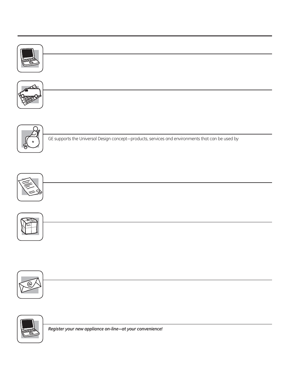 Consumer support. ge appliances website, Schedule service, Real life design studio | Extended warranties, Parts and accessories, Contact us, Register your appliance | GE JB850EFES User Manual | Page 44 / 88