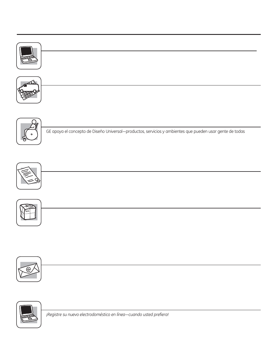 Página web de ge appliances, Solicite una reparación, Garantías ampliadas | Piezas y accesorios, Póngase en contacto con nosotros, Registre su electrodoméstico, Apoyo al cliente | GE JB850EFES User Manual | Page 88 / 88