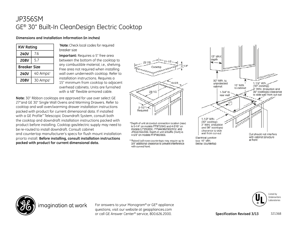 GE JP356SMSS User Manual | 2 pages