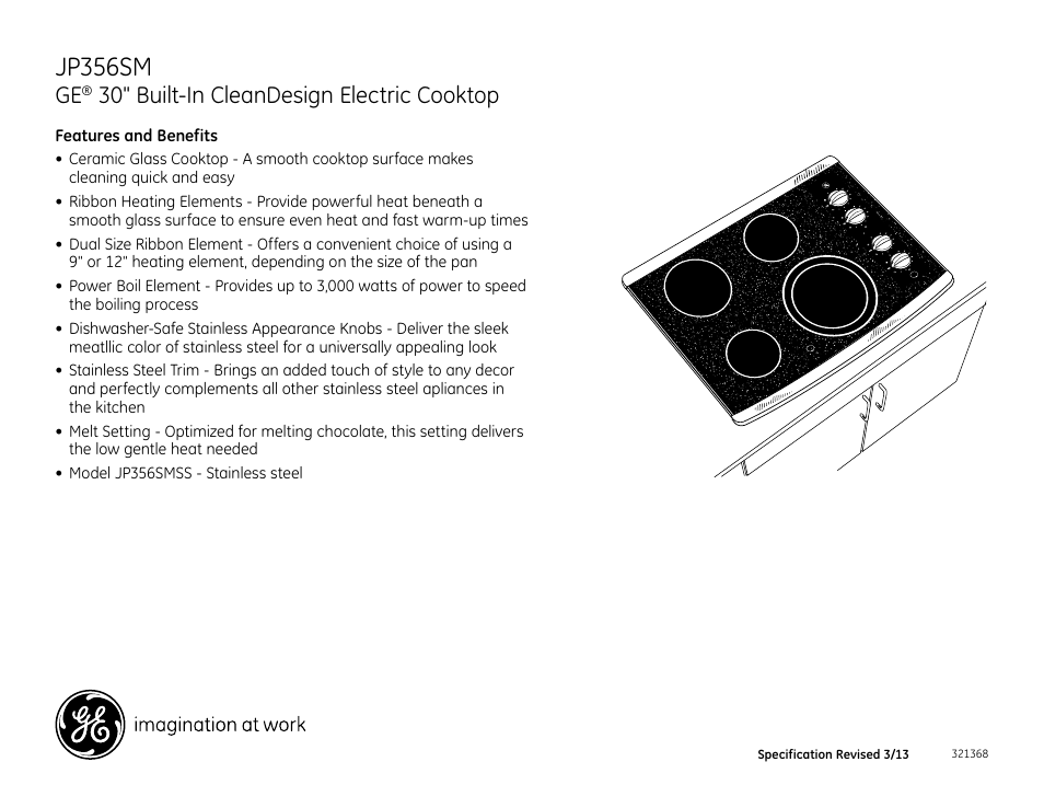 Jp356sm, 30" built-in cleandesign electric cooktop | GE JP356SMSS User Manual | Page 2 / 2