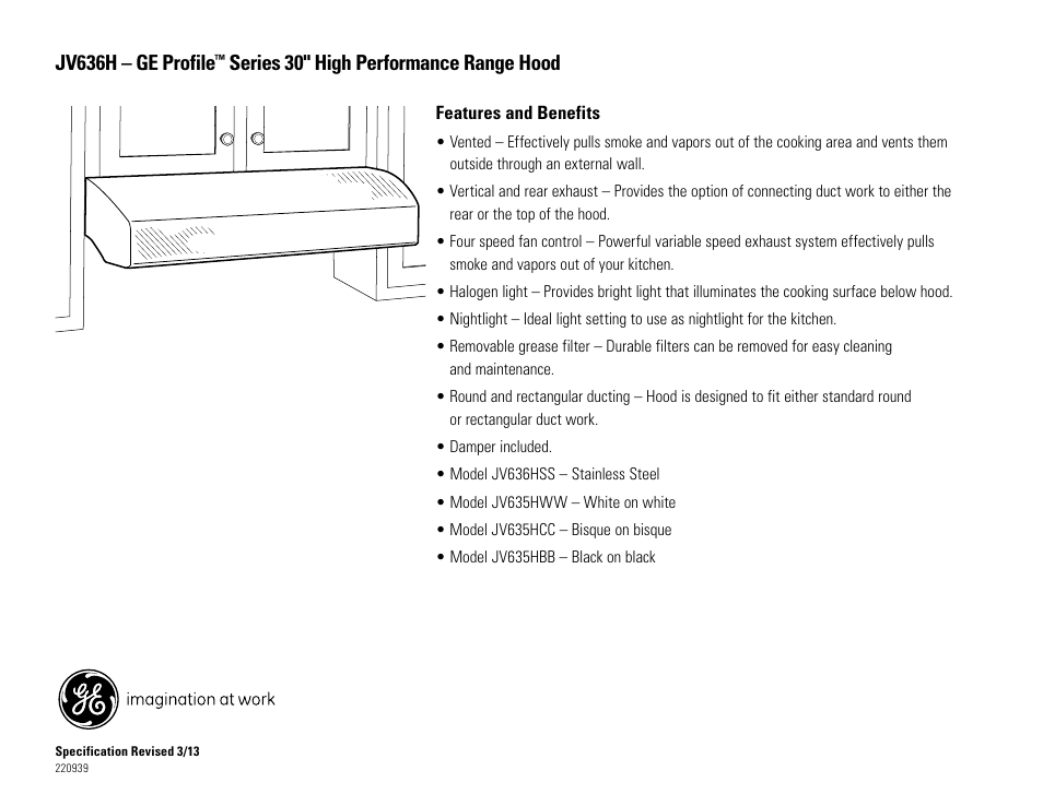 Jv636h – ge profile, Series 30" high performance range hood | GE JV636HSS User Manual | Page 2 / 2