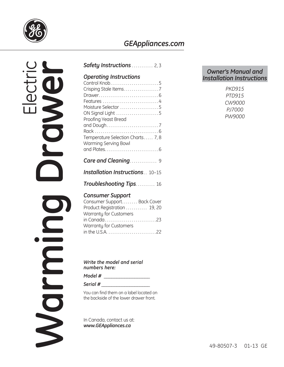 GE PW9000SFSS User Manual | 20 pages