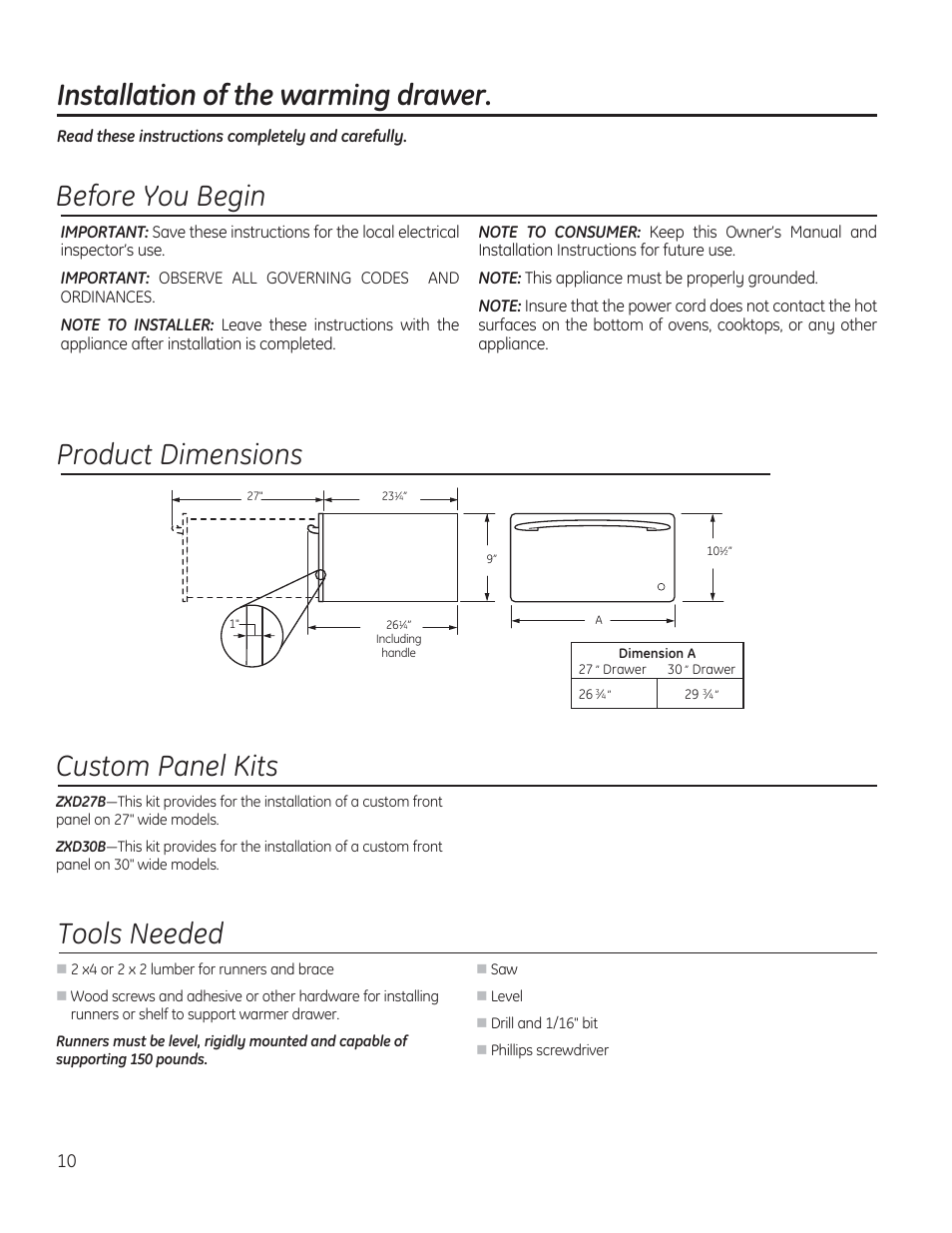 Before you begin, Tools needed, Custom panel kits | Product dimensions, Installation of the warming drawer | GE PW9000SFSS User Manual | Page 10 / 20