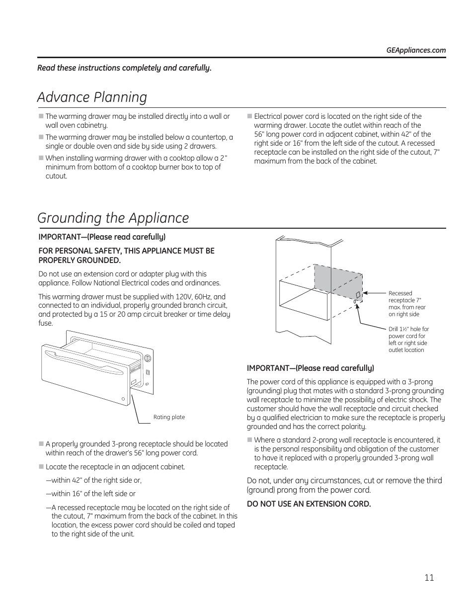 Advance planning, Grounding the appliance | GE PW9000SFSS User Manual | Page 11 / 20