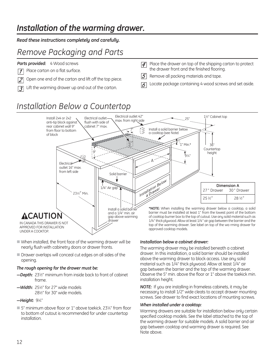 Installation below a countertop, Installation of the warming drawer, Remove packaging and parts | Caution, Read these instructions completely and carefully | GE PW9000SFSS User Manual | Page 12 / 20