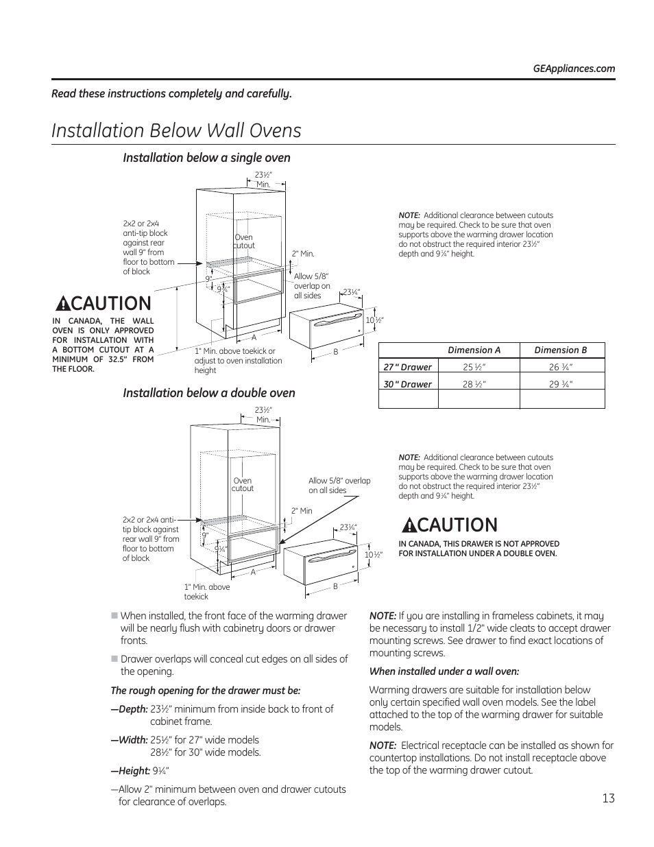 Installation below wall ovens, Caution, Installation below a single oven | Installation below a double oven, Read these instructions completely and carefully | GE PW9000SFSS User Manual | Page 13 / 20