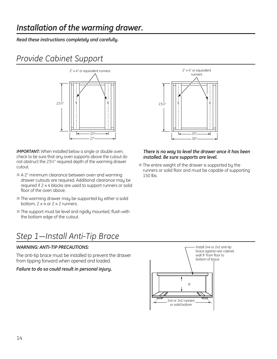 6whs³,qvwdoo$qwl7ls%udfh, Provide cabinet support, Installation of the warming drawer | GE PW9000SFSS User Manual | Page 14 / 20