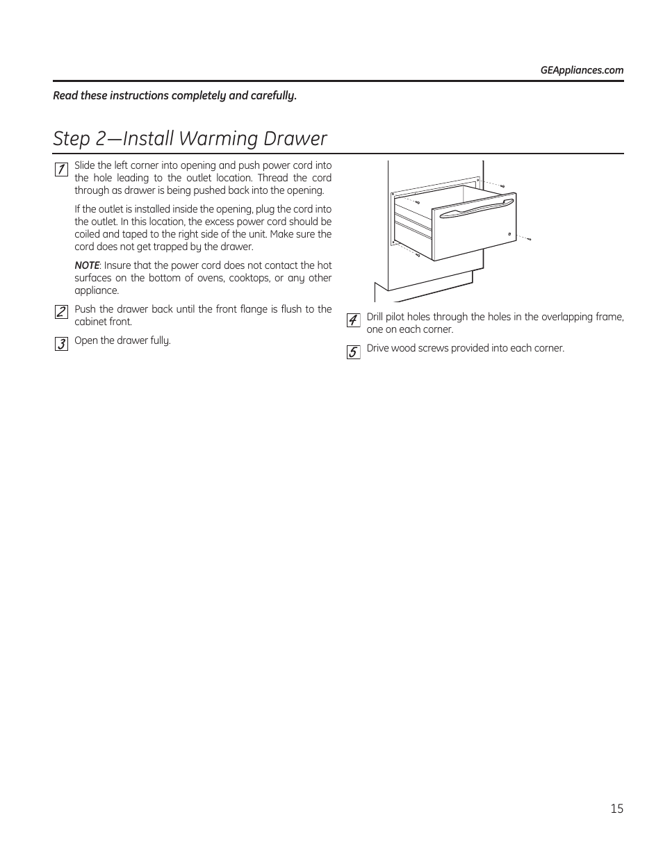 6whs³,qvwdoo:duplqj'udzhu | GE PW9000SFSS User Manual | Page 15 / 20