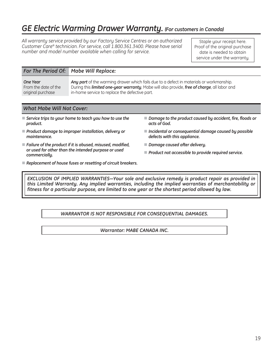 Ge electric warming drawer warranty | GE PW9000SFSS User Manual | Page 19 / 20