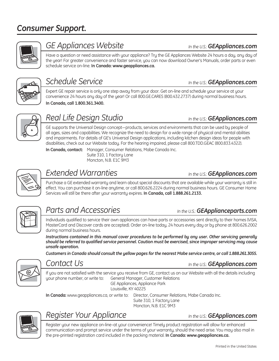 Consumer support. ge appliances website, Schedule service, Real life design studio | Extended warranties, Parts and accessories, Contact us, Register your appliance | GE PW9000SFSS User Manual | Page 20 / 20