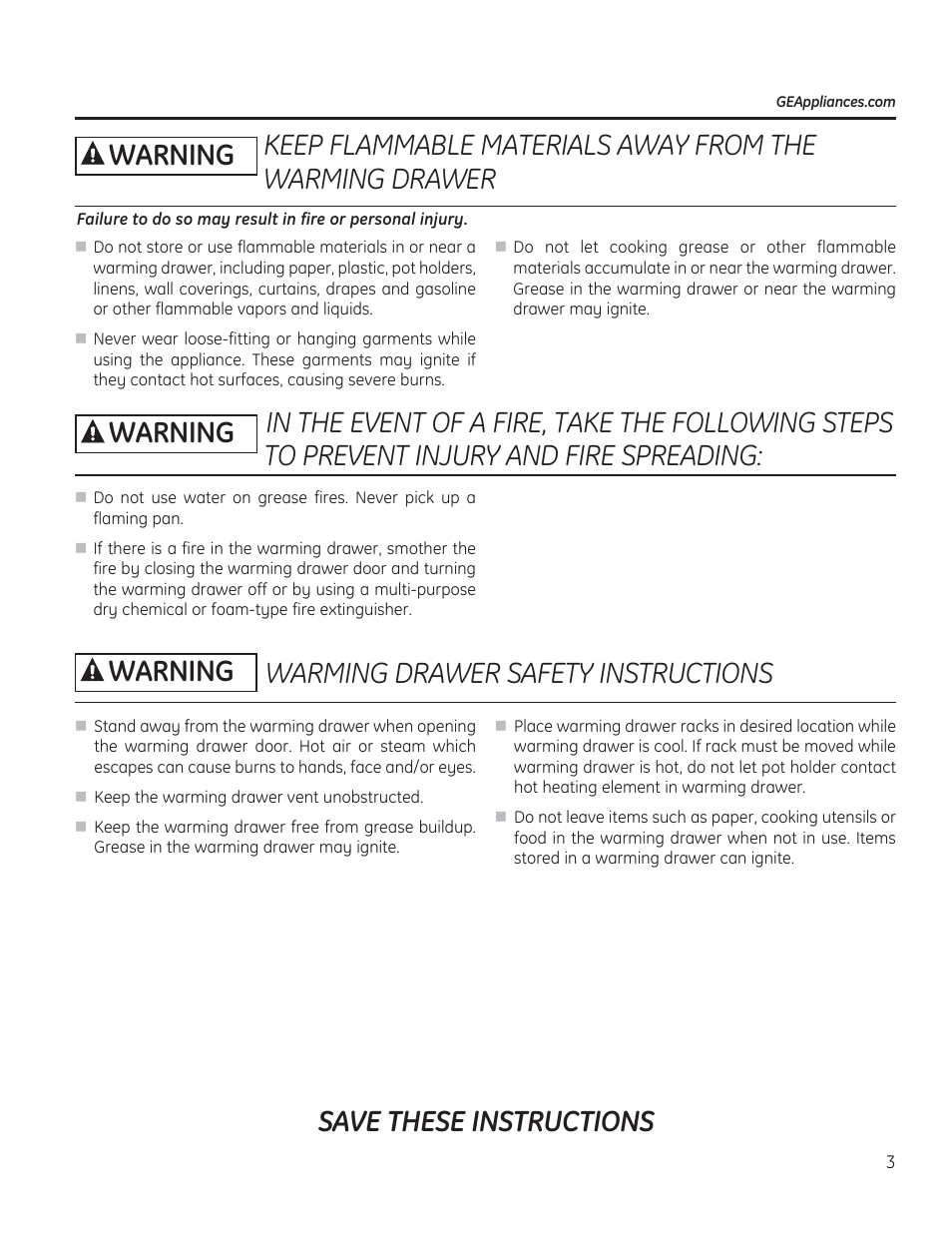 Save these instructions | GE PW9000SFSS User Manual | Page 3 / 20