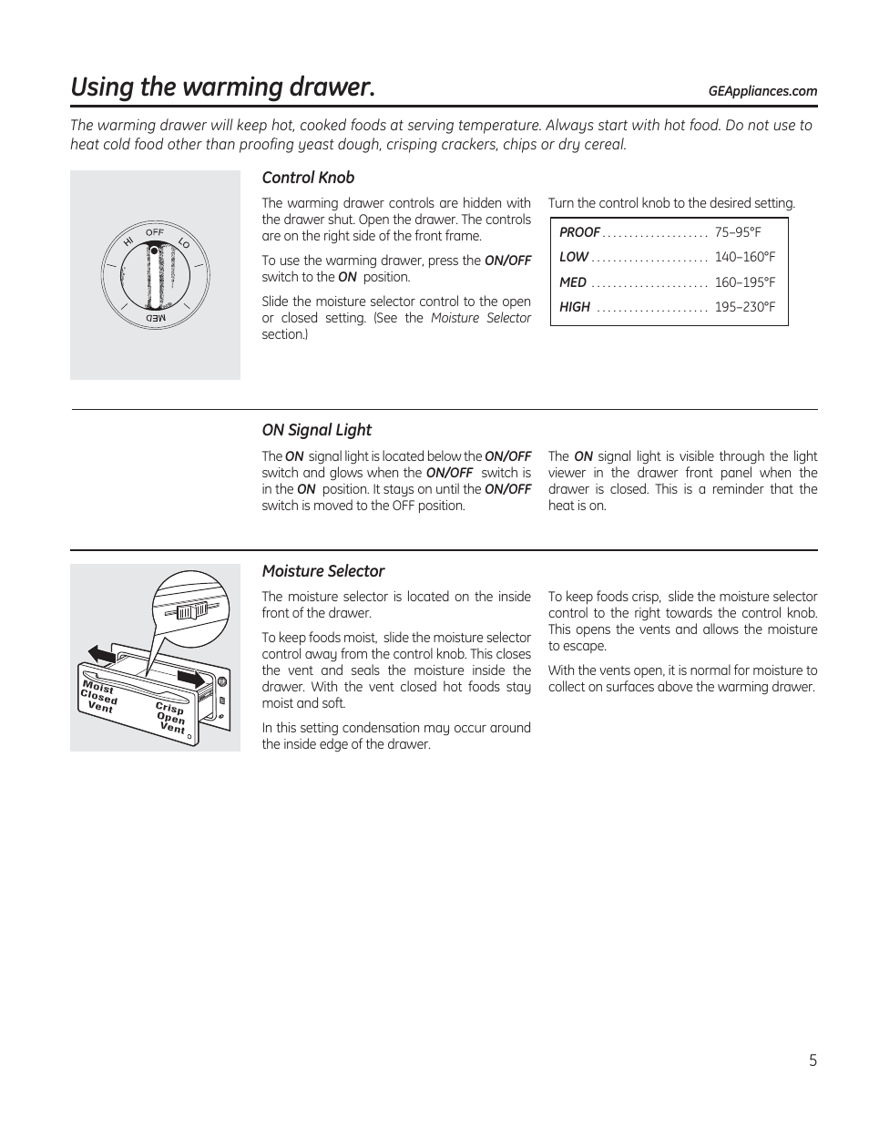 Using the warming drawer | GE PW9000SFSS User Manual | Page 5 / 20