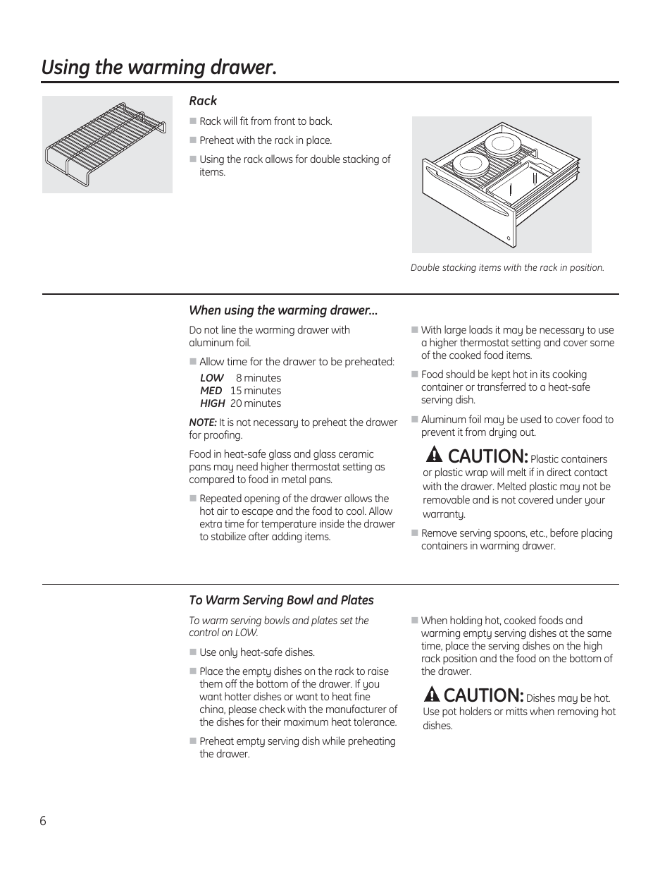 Using the warming drawer, Caution | GE PW9000SFSS User Manual | Page 6 / 20