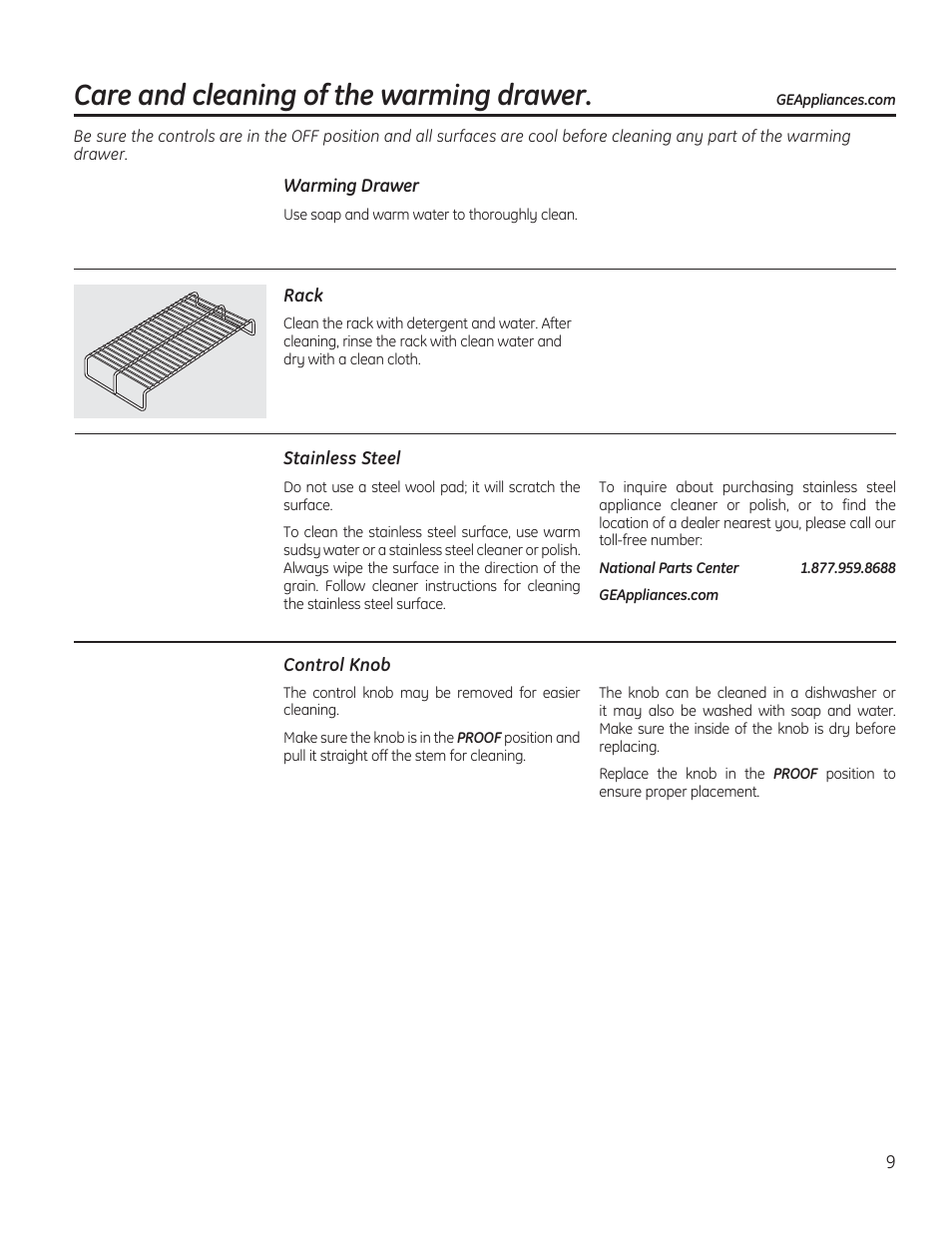 Care and cleaning of the warming drawer | GE PW9000SFSS User Manual | Page 9 / 20