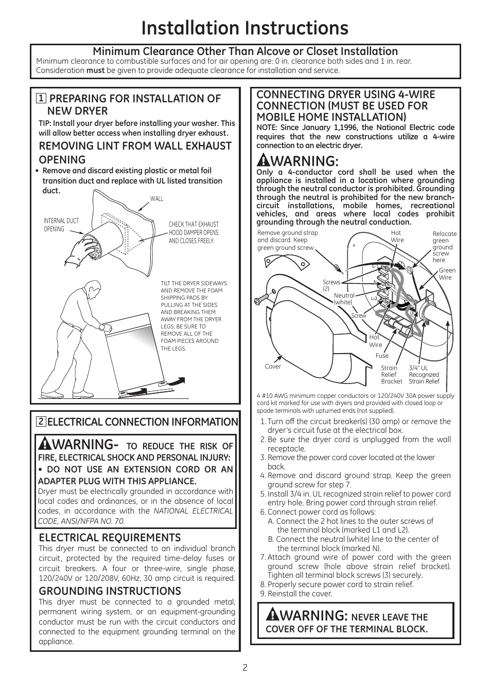 Installation instructions, Warning, Preparing for installation of new dryer | Removing lint from wall exhaust opening, Electrical connection information, Electrical requirements, Grounding instructions | GE GTDL210EDWW User Manual | Page 2 / 8