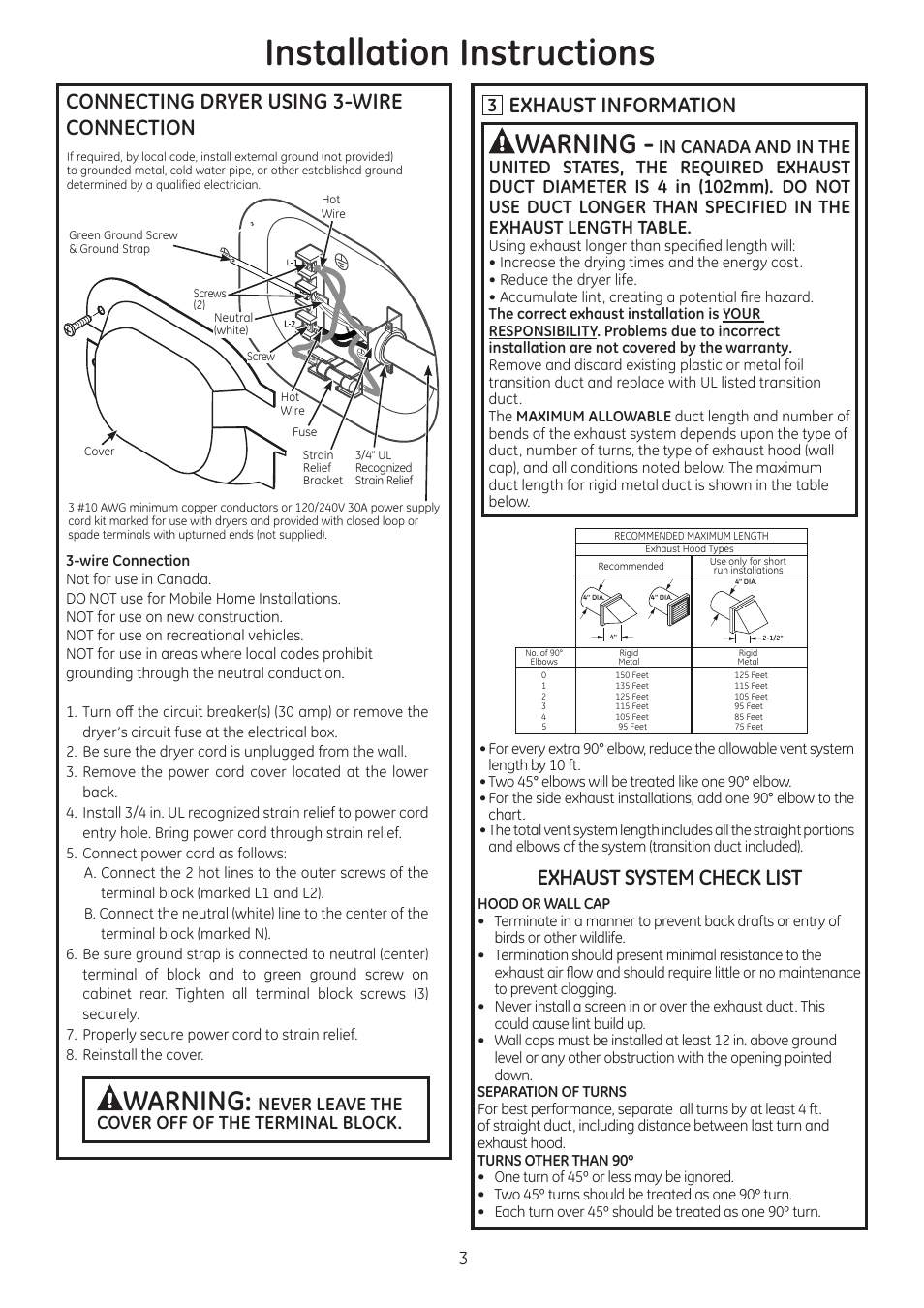 Installation instructions, Warning, Connecting dryer using 3-wire connection | Exhaust information, Exhaust system check list, Never leave the cover off of the terminal block. 3 | GE GTDL210EDWW User Manual | Page 3 / 8